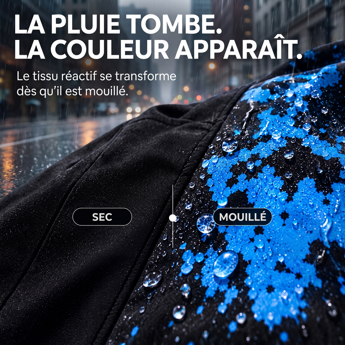 Sec vs mouillé : la couleur apparaît sous la pluie